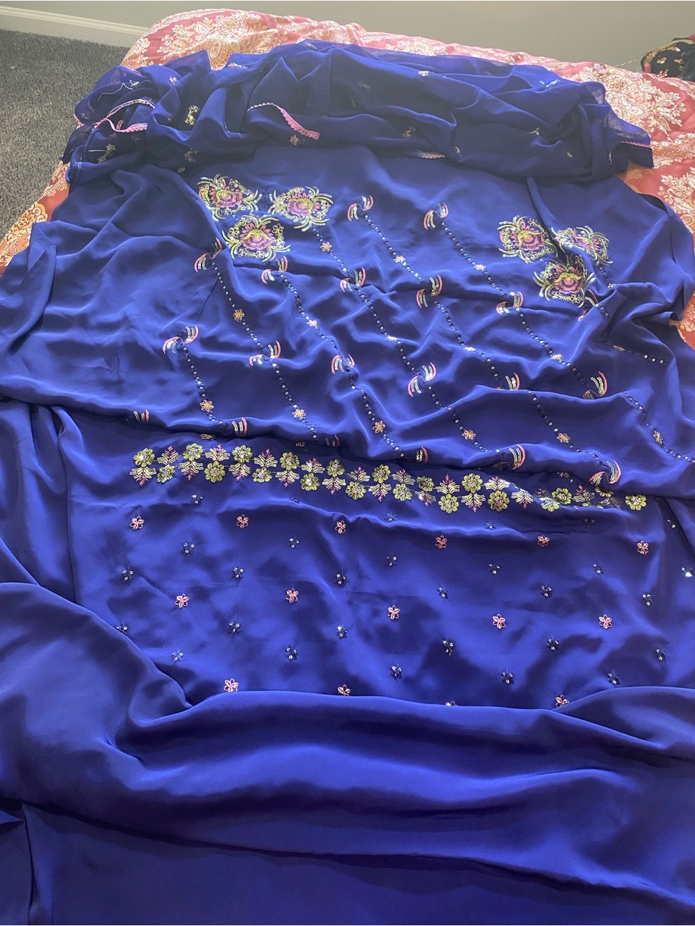 Embellished Navy Blue Formal  3 piece unstitched Indian dress top,bottom dupata - Picture 4 of 9
